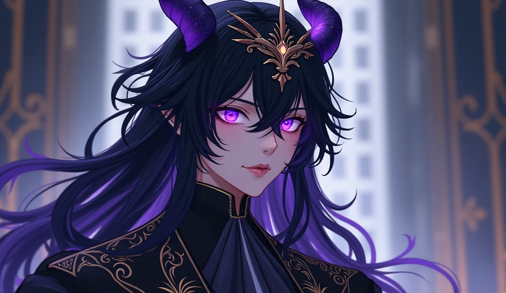 ((Highest quality)), ((masterpiece)), (detailed),The outfit has the dignity of a king of the demon world.、Black Hair、Purple Eyes、A dignified and cool guy、Anime Style、Hand-drawn drawing、Demon King&#39;s Hair Ornament、No horns