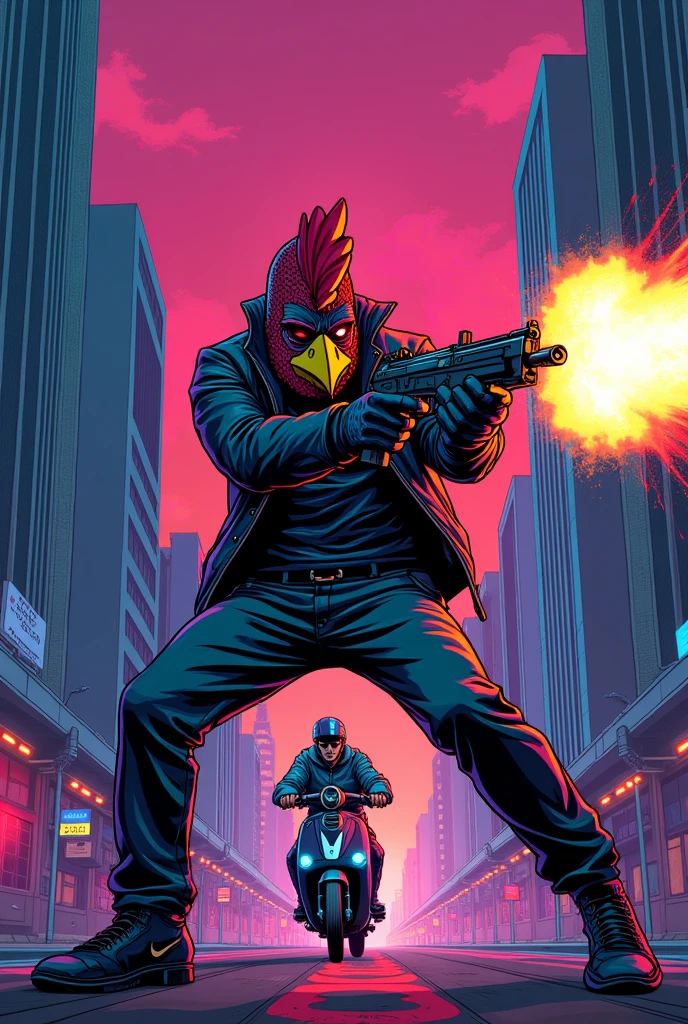 Hotline miami cartoon style picture. The painting shows a man in a rooster mask shooting at a man on an electric scooter.