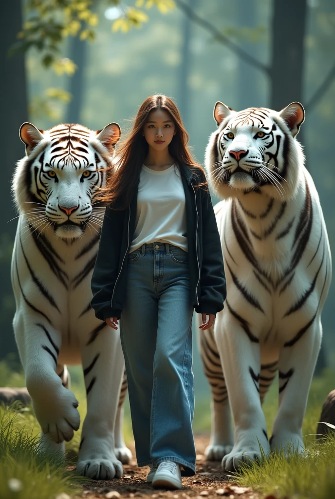 1 most beautiful Korean adult woman,smile,long hair blowing in the wind.wear a t-shirt,black jacket,and jeans trousers.white shoes.perfect picture. Seeing each other giant white tigers in the forest, very big white tiger, front look, facial details.