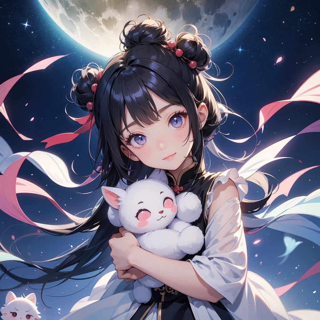 A chibi child girl had a small face and Wearing white little Taoist priest's outfit. A pair of big round eyes shone with curiosity about him. This child was so cute, Background is a dark night, with moonlight and millions of stars, twinkling everywhere, with blue light

her hair is black with two buns on her hair.small chibi, chibi baby, smiling ,Chibi.

