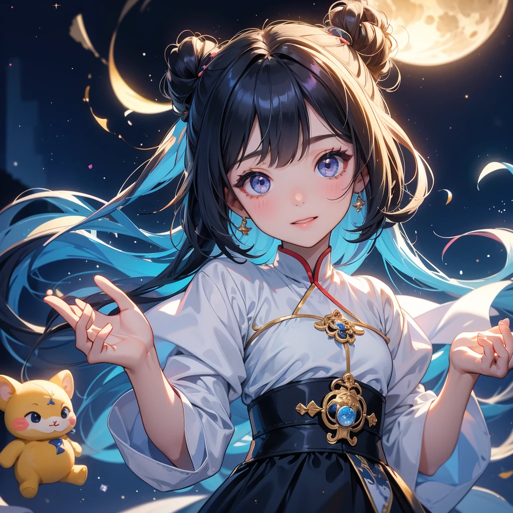 A chibi child girl had a small face and Wearing white little Taoist priest's outfit. A pair of big round eyes shone with curiosity about him. This child was so cute, Background is a dark night, with moonlight and millions of stars, twinkling everywhere, with blue light
her hair is black with two buns on her hair.small chibi, chibi baby, smiling ,Chibi.