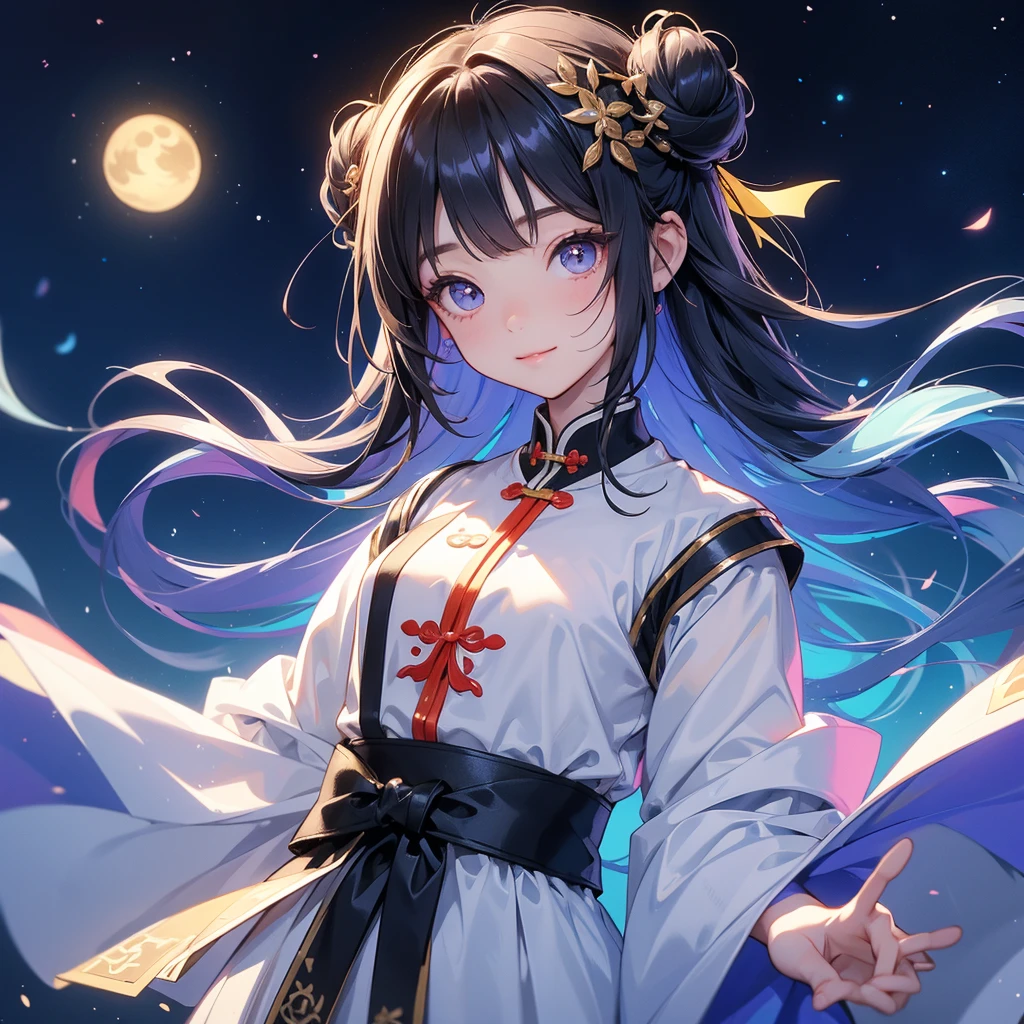 A chibi child girl had a small face and Wearing white little Taoist priest's outfit. A pair of big round eyes shone with curiosity about him. This child was so cute, Background is a dark night, with moonlight and millions of stars, twinkling everywhere, with blue light

her hair is black with two buns on her hair.small chibi, chibi baby, smiling ,Chibi.

