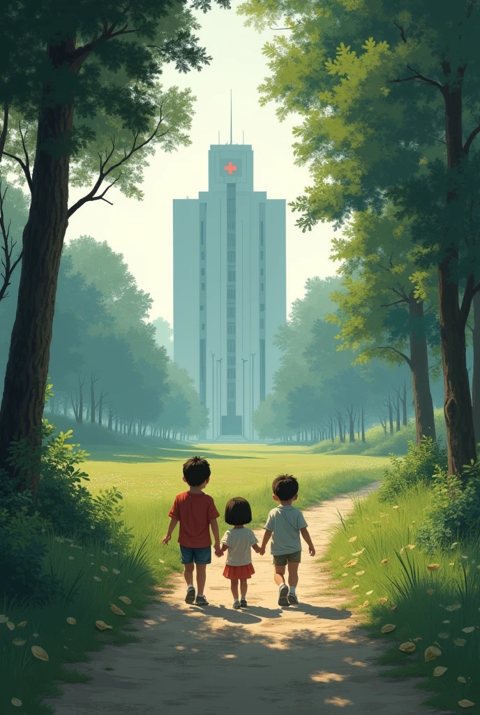 The children are walking down a deserted path leading to the hospital.