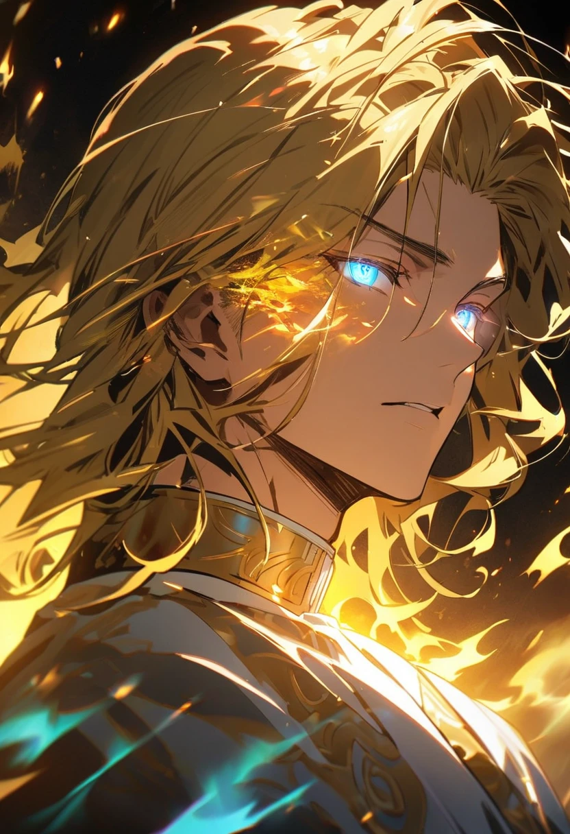 male, solo, handsome, blond hair, god, god eyes, glowing eyes, light, aura, holo, golden, face close