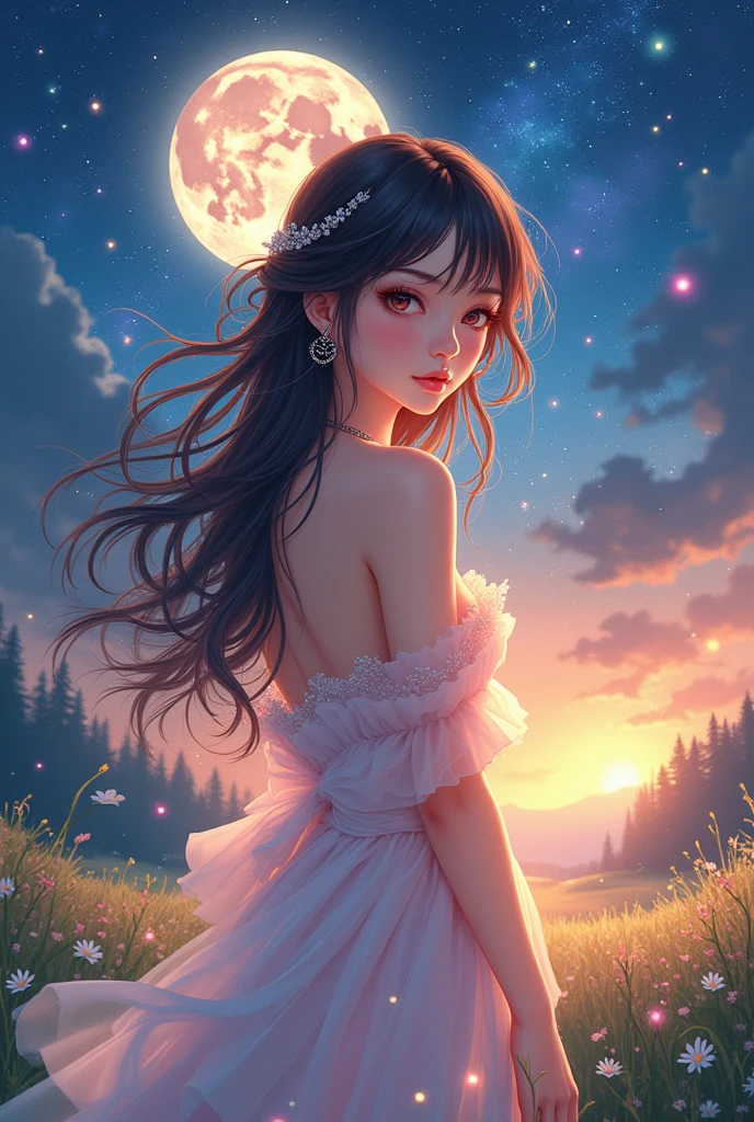 (masterpiece、Highest quality、8k、High resolution)、1 female、(Beautiful Face、Beautiful Face)、Beautiful Eyes、Beautiful Lips、Beautiful Nose、Brownish black hair、(The best girl in anime)、Grassland with a forest view、A bright night with the stars clearly visible、full moon、milky way、体whole bodyから神秘的な光の粒子、Colorful light particles、A mysterious light shining around your head、melt、jewelry、necklace、dress、(whole body)、Highly detailed anime art、A complete portrayal、