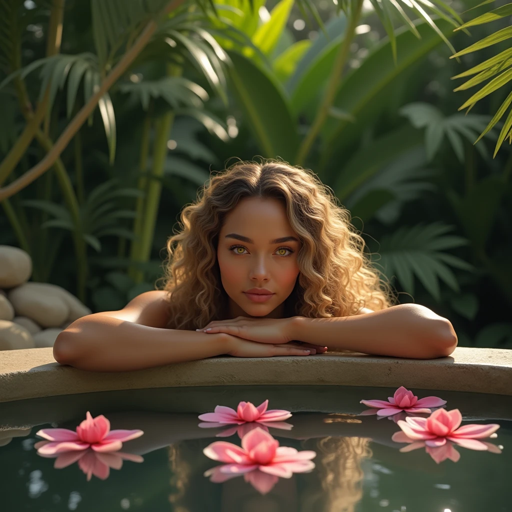 Toffee color skin, beautiful toffee mixed woman with long blond curly hair flat bat and extremely detailled clear yellow eyes, She is lying on her back in the water, next to the swing and she hides her face with an exotic flower in the turquoise sea, there are multicolored flowers hanging on the swing, she wears a brown golden mesh swimsuit top with a brown golden mesh skirt, she wears a beautiful pair of gold earrings, She is lying on her back in the water, next to the swing and she hides her face with an exotic flower