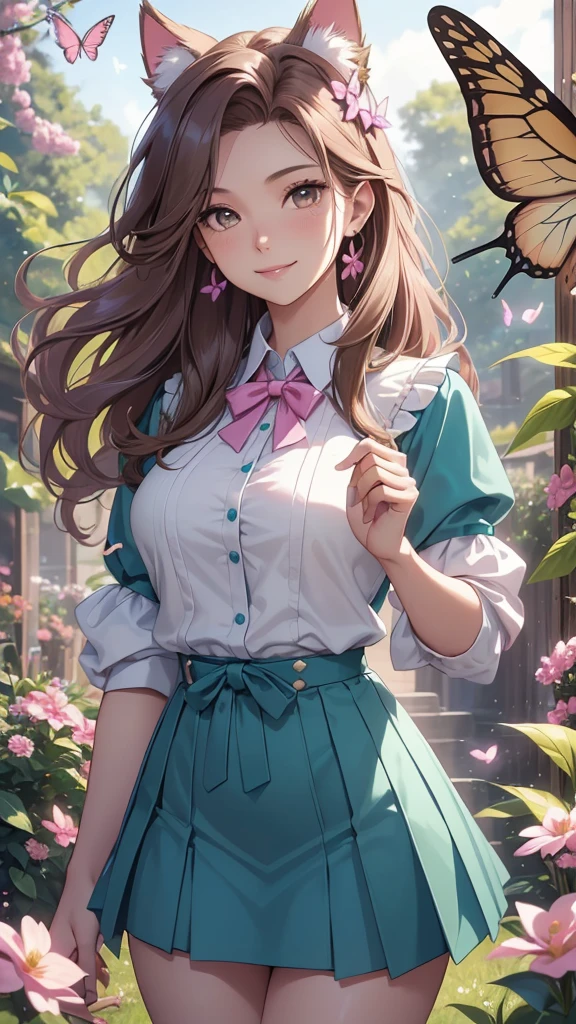 (best quality,4k,8k,highres,masterpiece:1.2),ultra-detailed,(realistic,photorealistic,photo-realistic:1.37),acrylic painting,beautiful Brazilian model in a uniform outfit with downy hair,beautiful Brazilian model with extremely colorful brown hair and detailed facial features,beautiful Brazilian model standing in a beautiful garden sakura flowers, long hair,cat ears, hair bows, l uniform skirt outfits, smile, happy face,light brown hair,butterflies, brown eyes, mature woman, older woman, 30 year old, adult woman. Older lady, posing,Solo, teal and pink butterflies, close up,