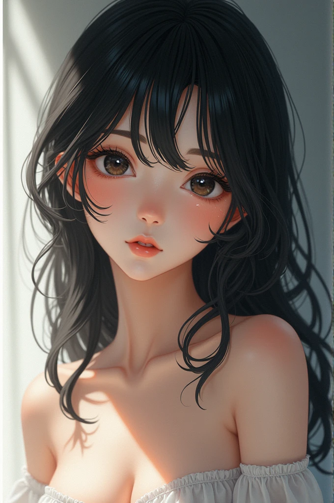 A  anime girl with long black hair, freckles,and a slender body