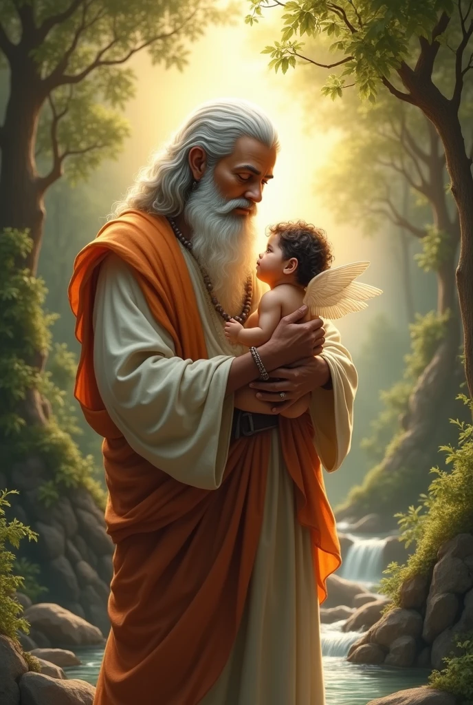 Sage Shilad holding a divine baby boy (Nandi) in his arms, surrounded by a glow of celestial light. Nandi should be depicted with an innocent and divine aura. The setting is a serene abode with nature and divine blessings visible.