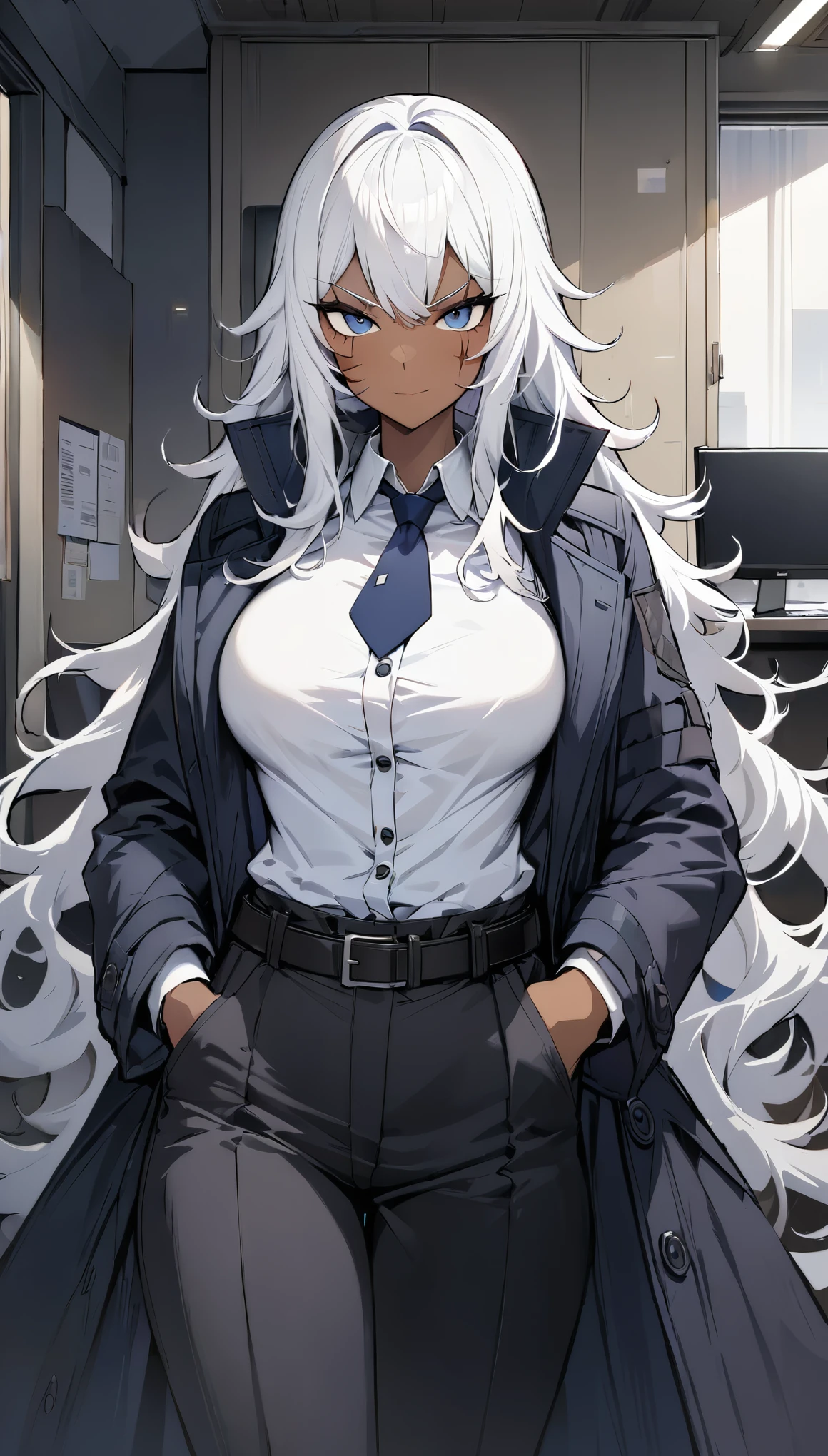 (best quality:1.3), (masterpiece:1.3), (illustration:1.3), (ultra-detailed:1.3), cowboy shot, 1girl, ((white hair)), (large breasts), (dark skin), (blue eyes), ((rough hair, long hair)), white shirt, necktie, high collar, unbuttoned shirt, sleeveless shirt, lean build, long coat, dark blue tactical coat, tactical jacket, pouches, black pants, serious expression, mischievous smirk, belt buckle, face scar, straps, off-shoulder coat, hands on pocket, looking at viewer, muscular, indoors, office, webbed belt, stylish coat, 