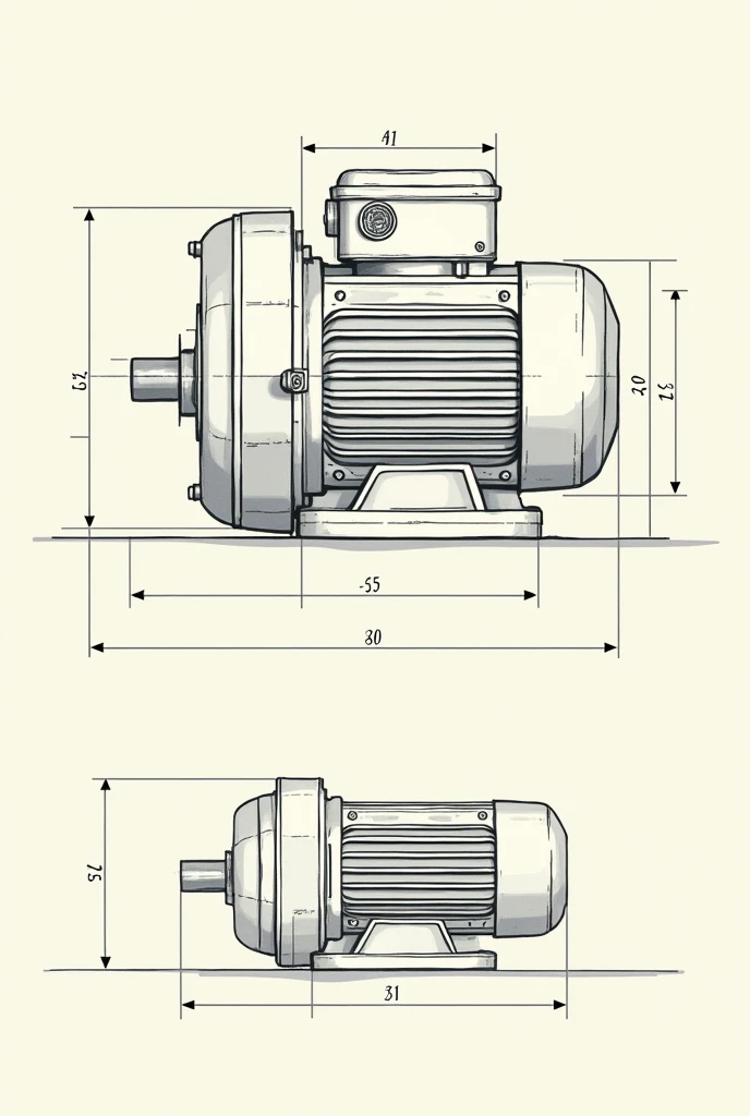 make a sketch for maintenance of a motor with brake. Measurements in accordance with technical drawing standards, place all measurements based on a real size motor with brake. It has to have a side view, top and front MUST HAVE THESE 3 VIEWS.