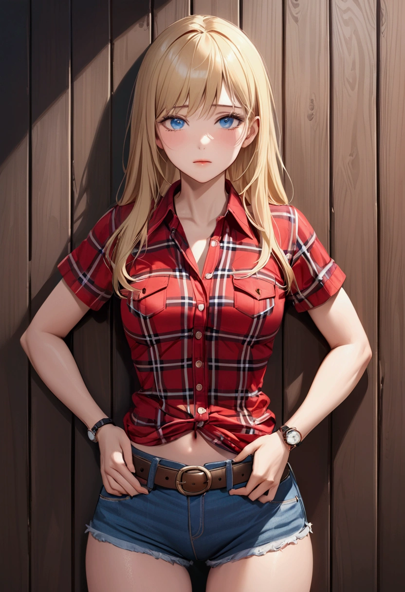 Woman with long blonde hair, blue eyes, An athletic body, Red plaid tight short sleeve collared cowgirl shirt, watch, Navel exposed, Denim hot pants, Brown belt with oval buckle, Stand up straight, Drunk,Strong hiccups,In front of a wooden wall,Front view,Cowboy Shot,16K, Highest quality, masterpiece, Realistic, detailed