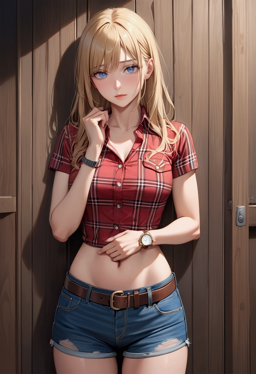 Woman with long blonde hair, blue eyes, An athletic body, Red plaid tight short sleeve collared cowgirl shirt, watch, Navel exposed, Denim hot pants, Brown belt with oval buckle, Stand up straight, Drunk,Strong hiccups,In front of a wooden wall,Front view,Cowboy Shot,16K, Highest quality, masterpiece, Realistic, detailed