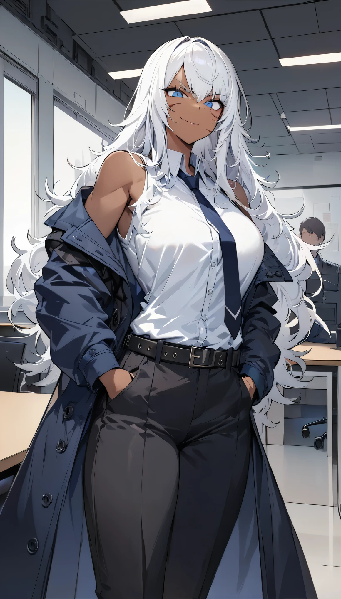 (best quality:1.3), (masterpiece:1.3), (illustration:1.3), (ultra-detailed:1.3), cowboy shot, 1girl, ((white hair)), (large breasts), (dark skin), (blue eyes), ((rough hair, long hair)), white shirt, necktie, high collar, unbuttoned shirt, sleeveless shirt, lean build, long coat, dark blue tactical coat, tactical jacket, pouches, black pants, serious expression, mischievous smirk, belt buckle, face scar, straps, off-shoulder coat, hands on pocket, looking at viewer, muscular, indoors, office, webbed belt, stylish coat, 