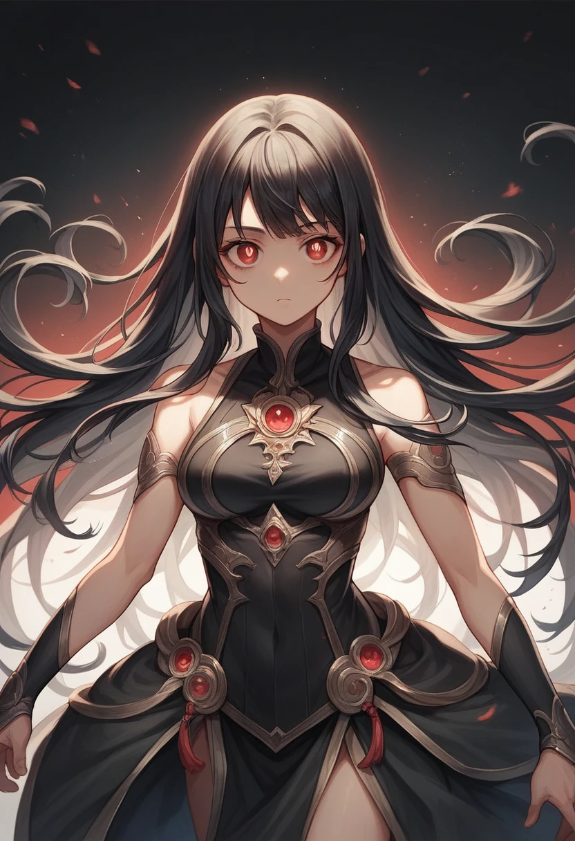 anime, masterpiece, best quality, UHD, anatomy correct, hand correct, detailed skin, detailed pupils, detailed hair woman, cool woman, hair correct, standing pose, dynamic pose, black hair, straight, long hair, red eyes, ghotic, ghotic outfit, cute, wear black outfit, black background, in frame