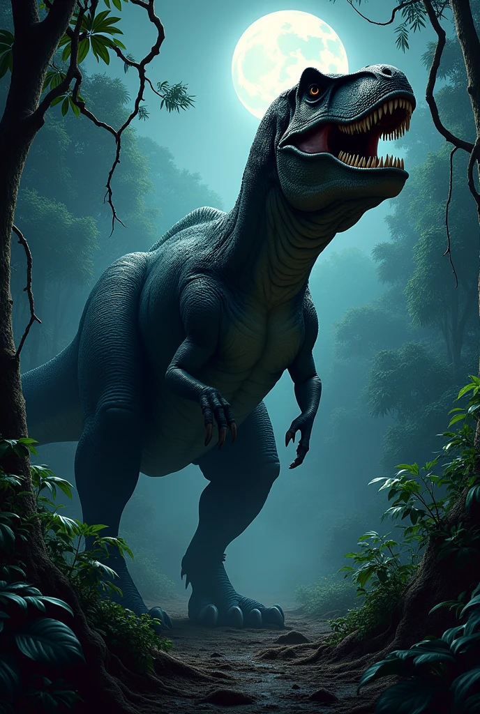 Tyrannosaurus with two fingers on each hand in the African forest at night