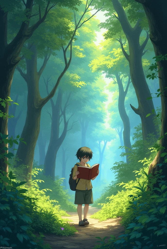 Anime in the green forest with book