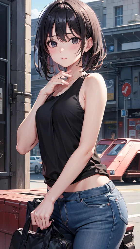 anime screencap, city, 1girl, solo, short hair, black hair, purple eyes, looking at the viewer, hair between eyes, lustful, closed mouth, ass, wide hips, short top, short shorts, unbuttoned shorts, squatting, legs apart, erotica, back