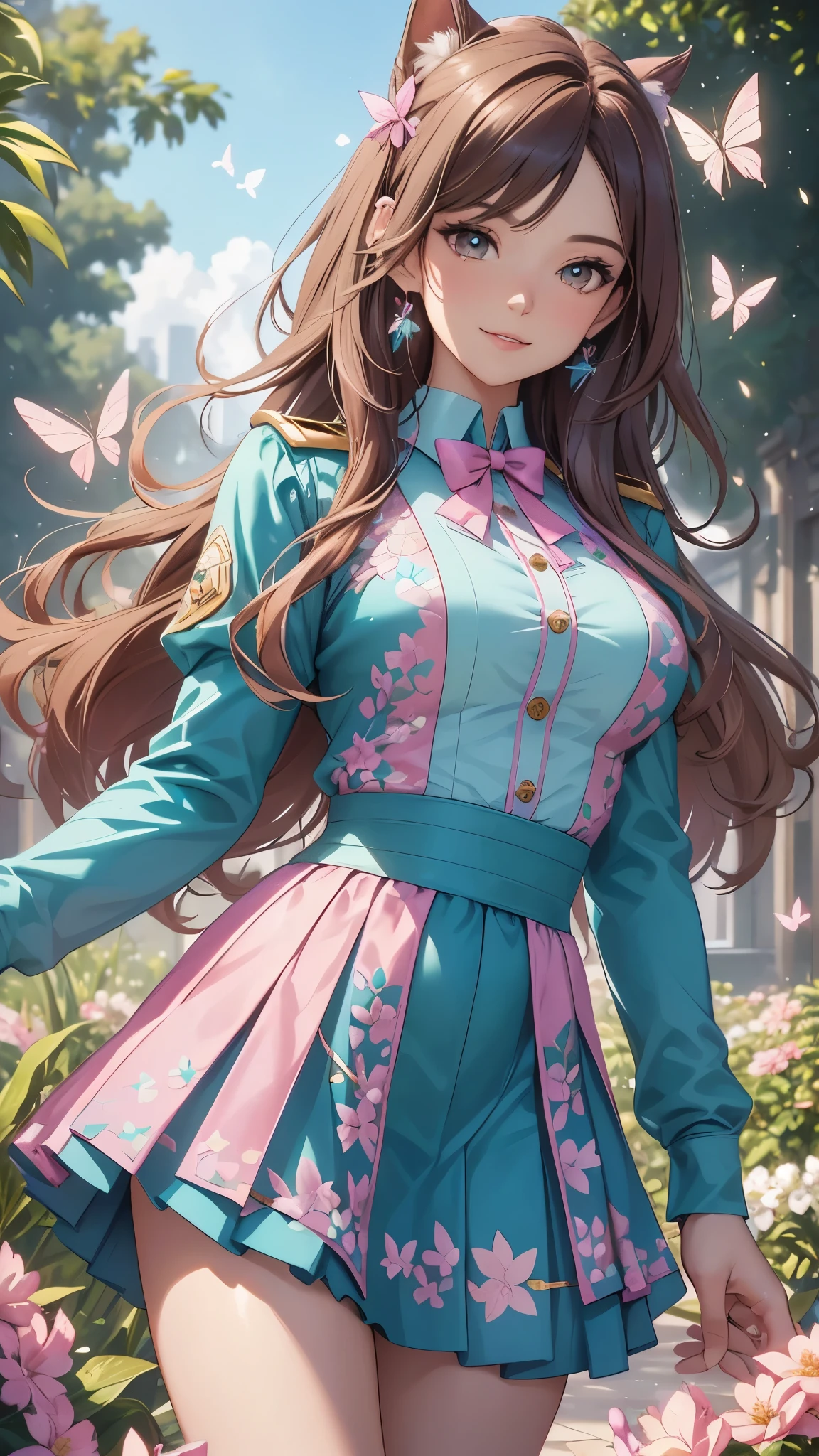 (best quality,4k,8k,highres,masterpiece:1.2),ultra-detailed,(realistic,photorealistic,photo-realistic:1.37),acrylic painting,beautiful Brazilian model in a uniform outfit with downy hair,beautiful Brazilian model with extremely colorful brown hair and detailed facial features,beautiful Brazilian model standing in a beautiful garden sakura flowers, long hair,cat ears, hair bows, glitter sparkling uniform skirt outfits, smile, happy face,light brownhair,butterflies, brown eyes, mature woman, older woman, 30 year old, adult woman. Older lady, posing,Solo, teal and pink butterflies, close up, teal and pink