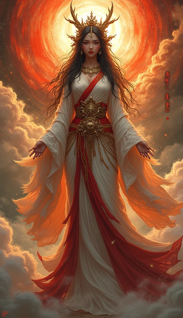 Beautiful goddess whole body, Amaterasu dressed in a costume based on the Japanese flag