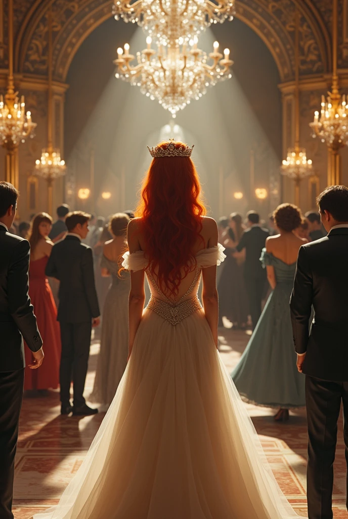 A princess who is in a waltz in a castle who is sad and has red hair who has a crown and is more covered up who is not dancing and who can see many guests so that the princess can be seen more.