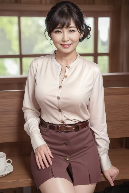 Masterpiece, highest quality, photo quality, 4K high resolution, beautiful Japanese mature woman, sexy mature woman, cute smile, sexy chest, beautiful legs, mature woman full body photo, perfect lighting, woman in blouse, wearing buttoned blouse, wearing cotton tight skirt, (((blouse's chest button is undone))), (((blouse's chest button is undone))), ((bra is visible at blouse's chest button)), ((bra)), ((sexy chest)), (((cardigan is worn over blouse, all buttons of cardigan are undone))), chest that excites men sexually, wearing cotton tight skirt, (thighs are visible, beautiful thighs, thighs are extending from under skirt:1.4), (woman has beautiful legs, thighs that excite men sexually:1.4), beautiful thighs, sitting on park bench, photo from knees up, smiling, round face, updo, bra, bangs, droopy eyes, kind eyes,