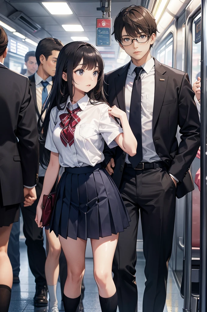grasp、、(Schoolgirl in sailor suit)Grab your ass on a crowded train、pleatedskirt、a beauty girl1a person、((A man grabs a schoolgirl's ass))、(molesting)、Touching your buttocks on the bus、red blush、(((sexual act、erotick)))、((Skirt flipped up、I can see panties))、high-level image quality、realisitic、(((agony、embarassed expression)))、(((Being touched by multiple men、Touching the chest or crotch)))、grabbing on breasts(((On a crowded train)))、((、Cowgirl))