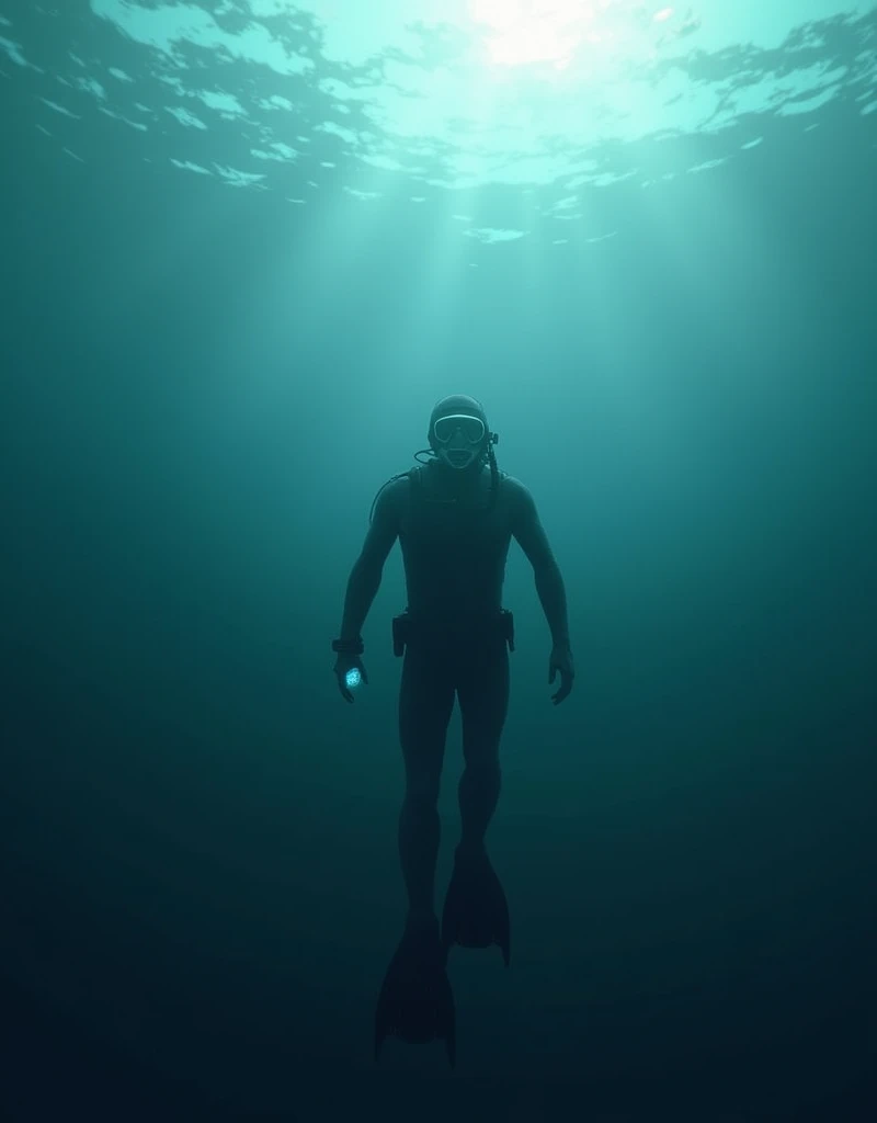 man diver,full body profile, wearing a diving mask in the ocean, swimming from far away, horror dinner 