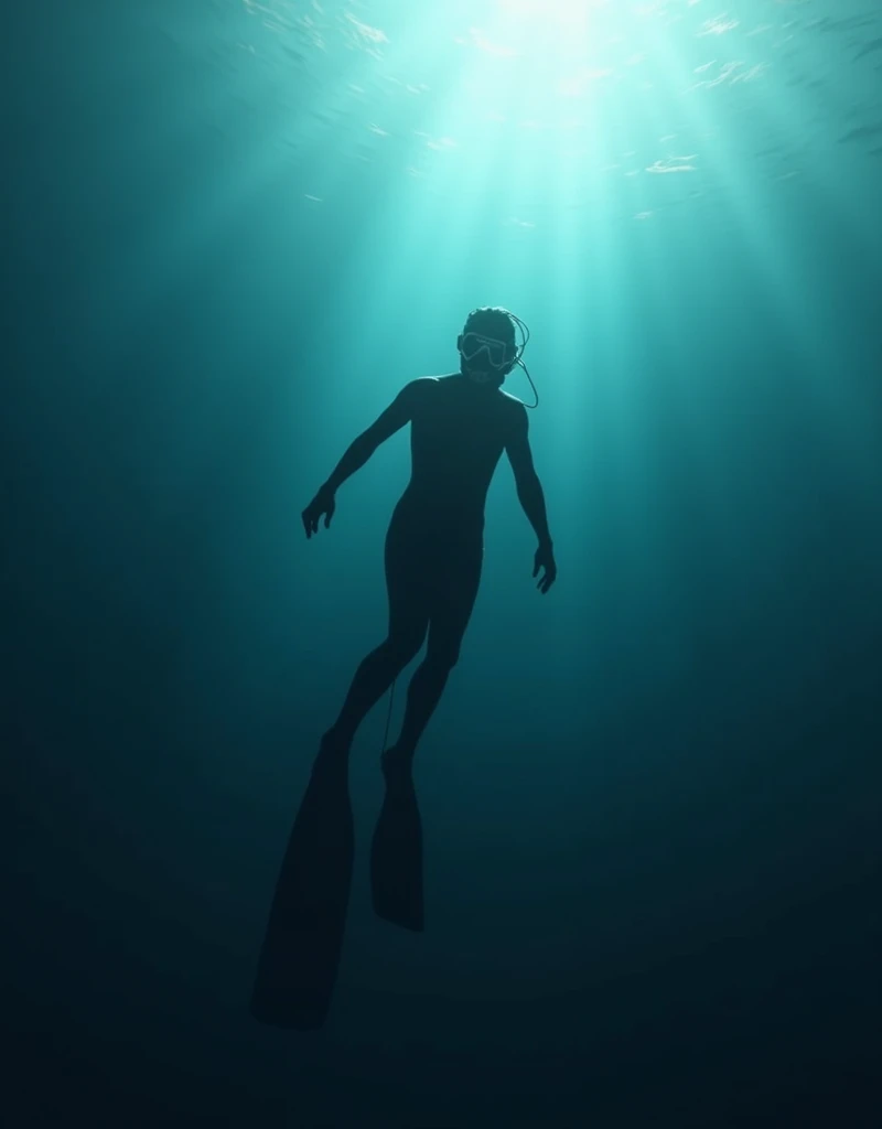 man diver,full body profile, wearing a diving mask in the ocean, swimming from far away, horror dinner 