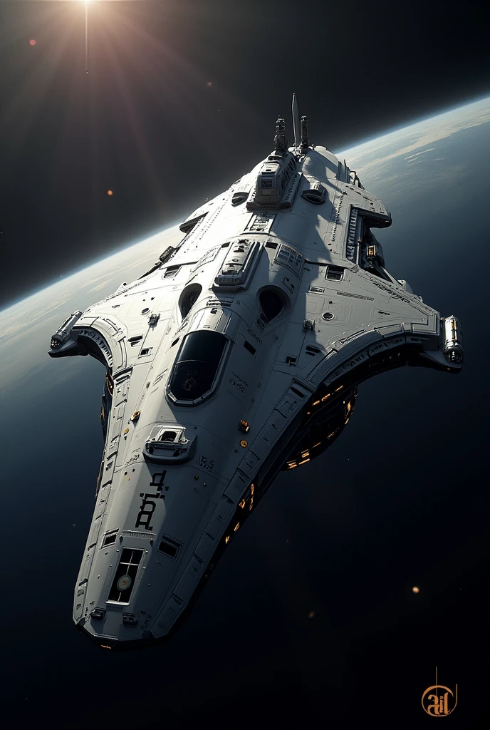 Create a spacecraft capable of traveling from Earth to Kepler-452b, This ship has to carry a lot of people, have a large size, be rational, realistic but with a futuristic design, The ship must have writing on a visible side "J.It is.D"