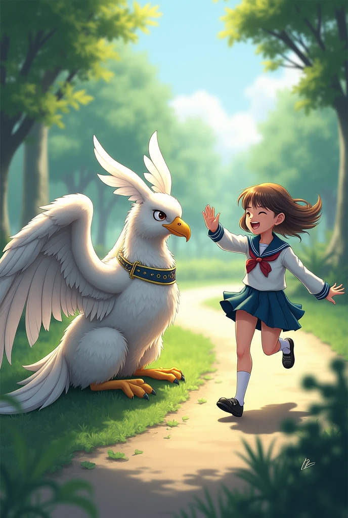 A collared griffin and a high school girl, A griffin sleeping comfortably with its wings folded, The girl is wearing a uniform and runs up to the griffin, waving and smiling.,