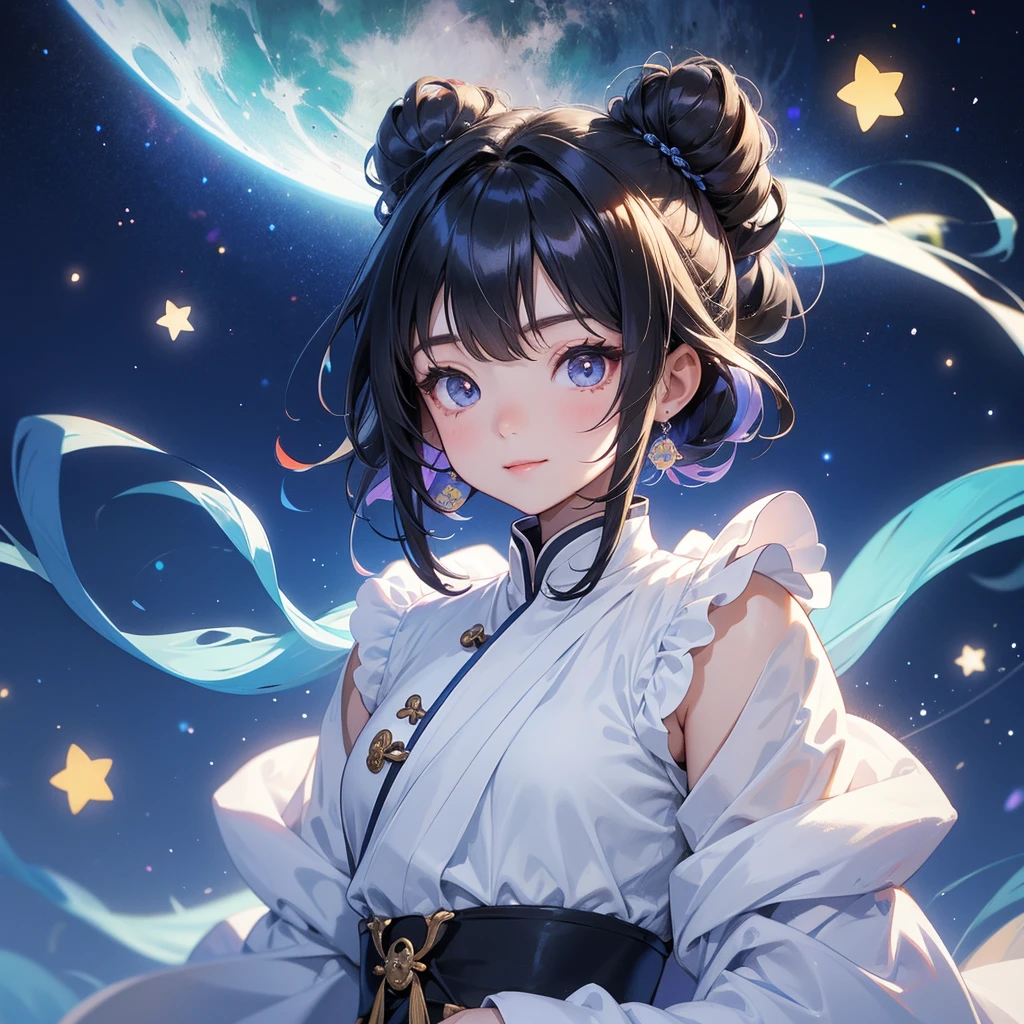 A chibi child girl had a small face and Wearing white little Taoist priest's outfit. A pair of big round eyes shone with curiosity about him. This child was so cute, Background is a dark night, with moonlight and millions of stars, twinkling everywhere, with blue light

her hair is black with two buns on her hair.small chibi, chibi baby, smiling ,Chibi.

