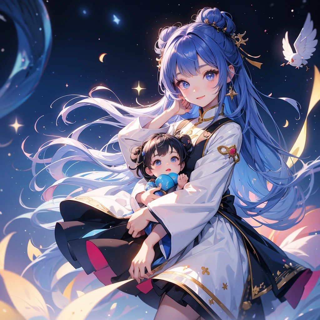 A chibi  girl had a small and Wearing white little Taoist priest's outfit. A pair of big round eyes shone with curiosity about him. This child was te, Background is a dark night, with moonlight and millions of stars, twinkling everywhere, with blue light

her hair is black with two buns on her hair.small chibi, chaby, smiling ,Chibi