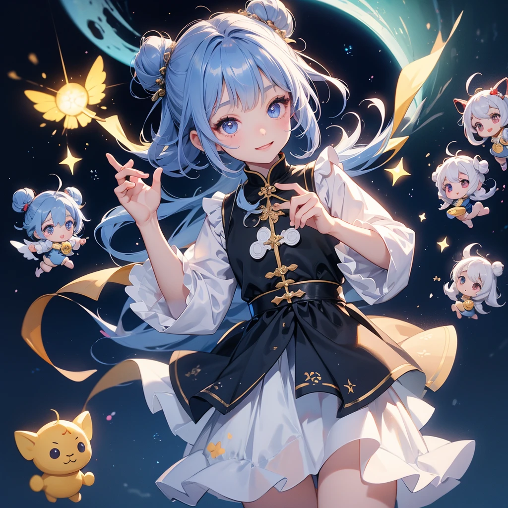 A chibi child girl had a small face and Wearing white little Taoist priest's outfit. A pair of big round eyes shone with curiosity about him. This child was so cute, Background is a dark night, with moonlight and millions of stars, twinkling everywhere, with blue light
her hair is black with two buns on her hair.small chibi, chibi baby, smiling ,Chibi.