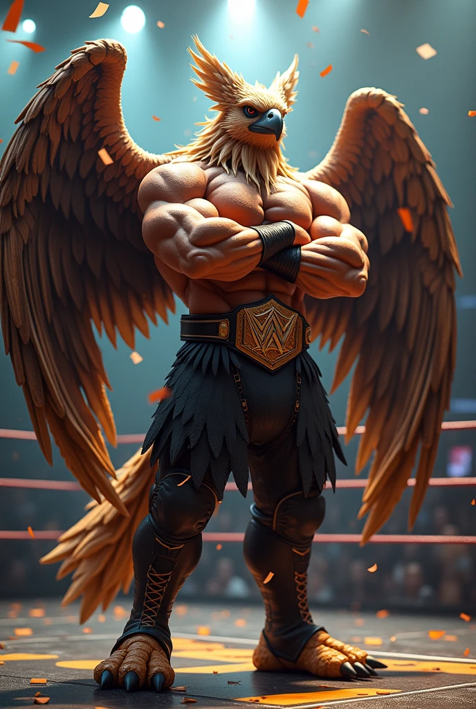 (uhd, masterpiece, anatomically correct, textured skin, super detail, high details, best quality, highres, 8k), Like the picture, Griffin's Head, Eagle wing cape on the back, Professional wrestler, (((Shows the whole body:1.3))), (Macho), Muscular, Realistic gloss, Body glistening wet with sweat, Arms as thick as logs, Arms crossed, Wrestler pants, Luxurious Champion Belt, Lion's Tail, Ring boots in the shape of a lion's paw, Pro wrestling, Spotlight, highlight, Confetti