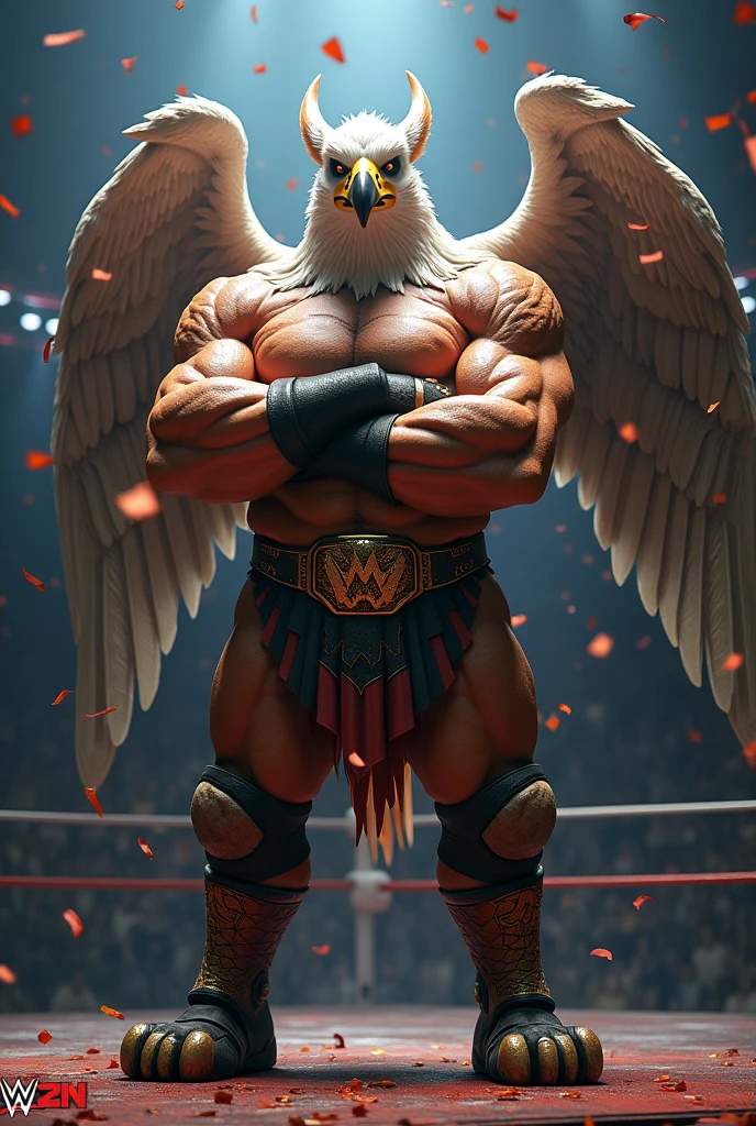 (uhd, masterpiece, anatomically correct, textured skin, super detail, high details, best quality, highres, 8k), Like the picture, Griffin&#39;s Head, Eagle wing cape on the back, Professional wrestler,  (((Shows the whole body:1.3))), (Macho), Muscular, Realistic gloss, Body glistening wet with sweat, Arms as thick as logs, Arms crossed, Wrestler pants, Luxurious Champion Belt, Lion&#39;s Tail, Ring boots in the shape of a lion&#39;s paw, Pro wrestling, Spotlight, highlight, Confetti