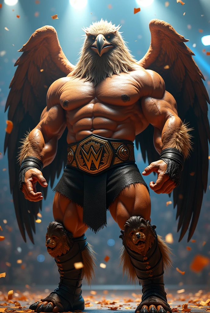 (uhd, masterpiece, anatomically correct, textured skin, super detail, high details, best quality, highres, 8k), Like the picture, Griffin&#39;s Head, Eagle wing cape on the back, Professional wrestler,  (((Shows the whole body:1.3))), (Macho), Muscular, Realistic gloss, Body glistening wet with sweat, Arms as thick as logs, Arms crossed, Wrestler pants, Luxurious Champion Belt, Lion&#39;s Tail, Ring boots in the shape of a lion&#39;s paw, Pro wrestling, Spotlight, highlight, Confetti