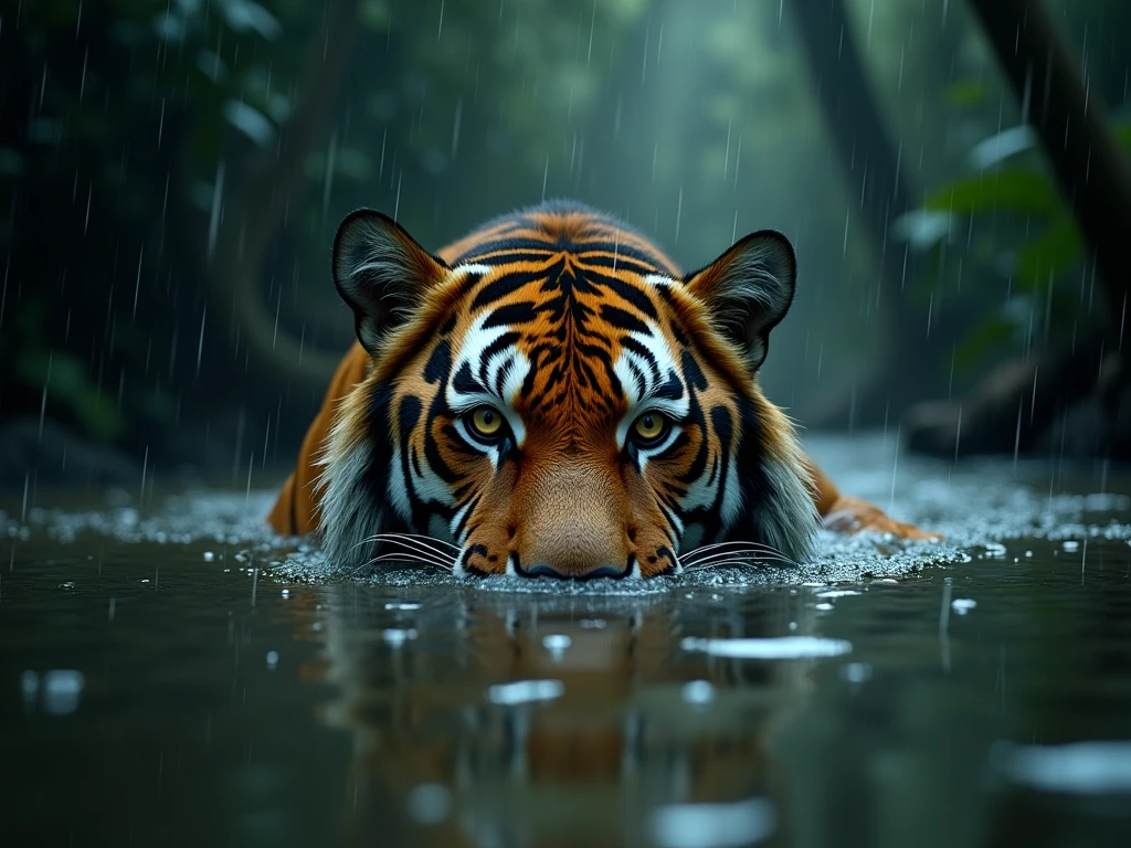 A tiger swims through murky water in the jungle. The tiger's eyes are just above the waterline. The rain is pouring down, making the water ripple. The tiger's fur is wet and matted, and the jungle is dark and shadowy in the background. High key lighting.
