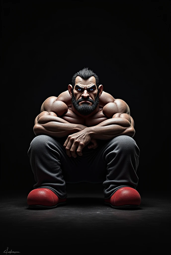I want to create a wallpaper for my phone .i want you to use black as background colour and super mario character,  make a a character to be matured and strong facing straight  sitting down.use black and red colour