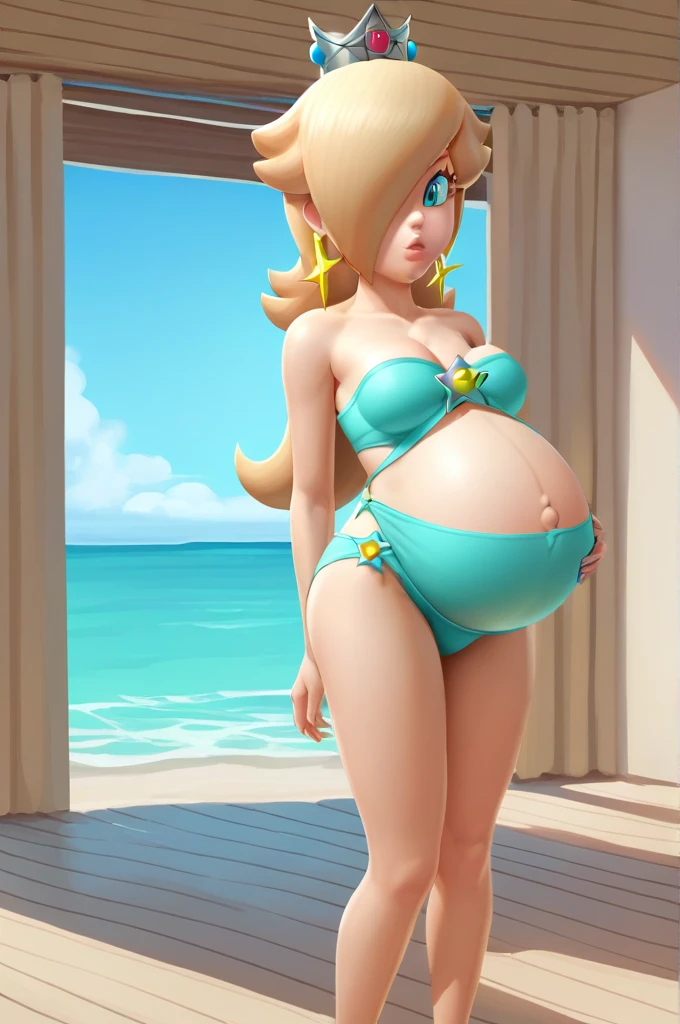 score_9, score_8_up, 1girl, solo, rosalina, style parody, thick outlines, bikini, mini kirt, pregnant belly, big belly, sleeveless, strapless, cleavage, indoors, beach, complete body, perfect