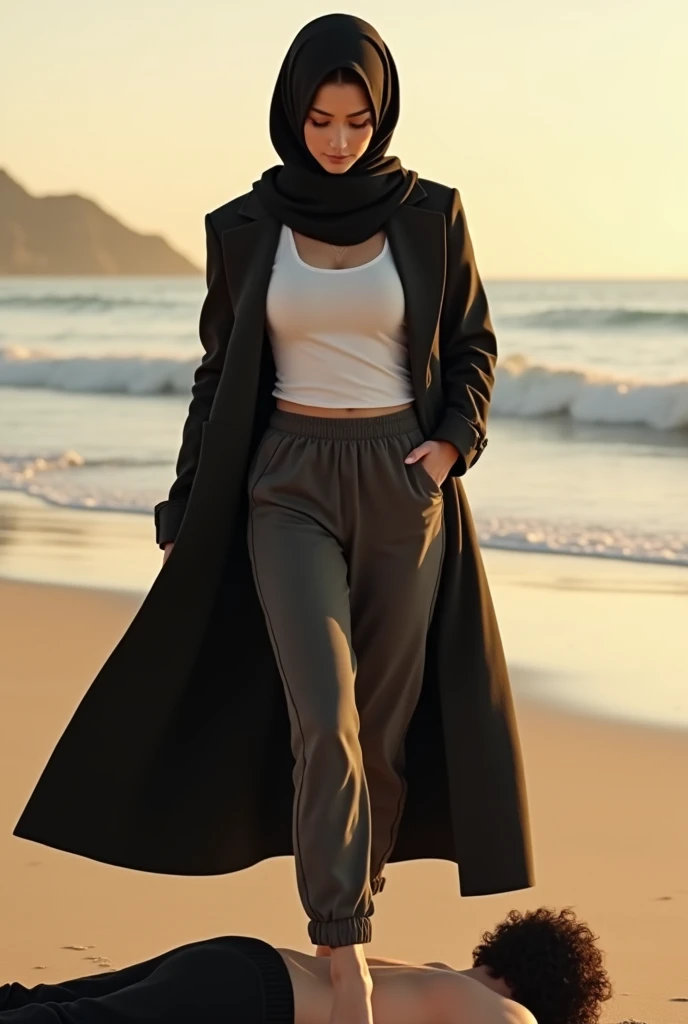 Black headscarf on the beach, black trench coat , white long sleeve t shirt, barefoot, sexy and skinny woman. Man lying on his stomach in front of woman. Woman puts her foot on the front of man&#39;s sweatpants. 