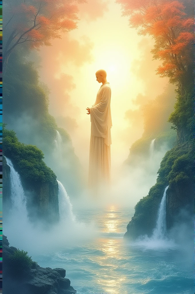 ethereal watercolor realism, soft yet vibrant hues that blend to create an immersive atmosphere, reflecting the raw faith and emotional depth of the Buddhist