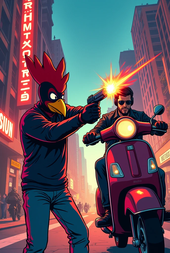 Hotline miami cartoon style picture. The painting shows a man in a rooster mask shooting at a man on a scooter.