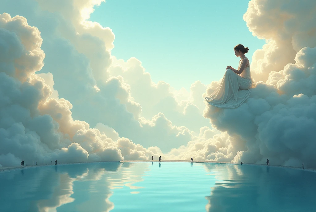 The character is in heaven, sitting on a cloud that blends into a pool. He is sitting on the edge of the pool, about the cloud. From up there, he looks at the pool and sees clearly, as if it were a mirror, people walking on the sidewalks of a street below.