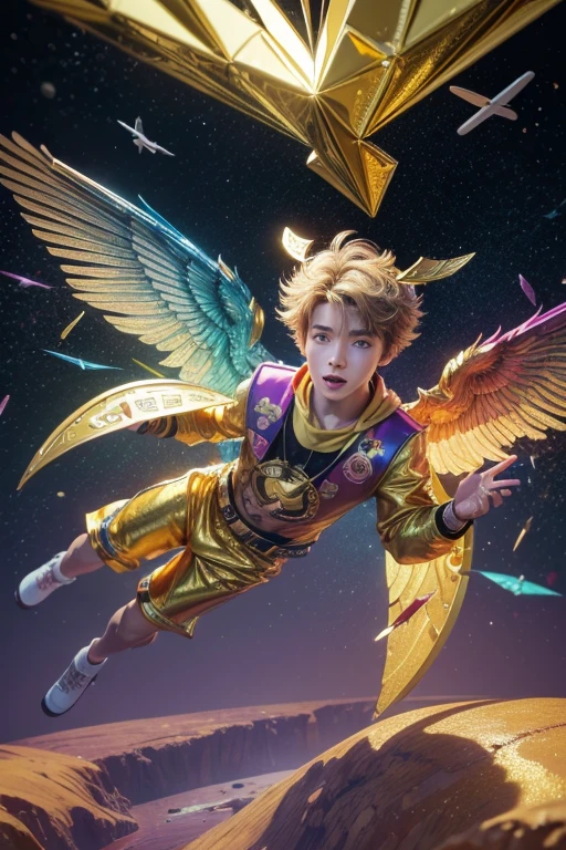 art for youtube channel, with 3d boy catching a crypto currency that is flying with wings, colorful and colorful clothes, colorful metallic mirrored background with golden edges, with crypto coins ltc and btc and ton, hamster kokbat,