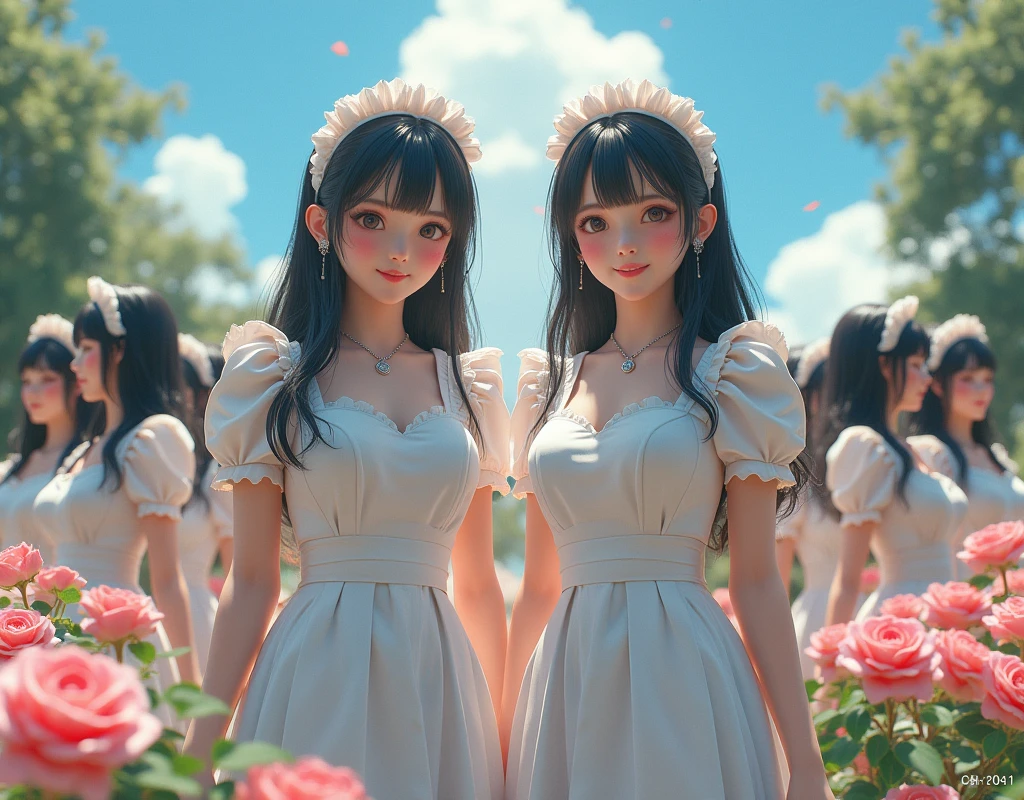 (No need to take a close-up of the subject in the center of the front), (Japanese Clone-girls=Myself), (Super Best masterpiece Clone-girls Raw Photography Art), (16K, Highest quality, Ultra-high resolution, RAW Photos), (It's so unrealistic., With unparalleled depiction, With an unfathomable sight, An unprecedented and shocking worldview, Clone-girls: In a world of mass reproduction, Ultra-realistic depiction), (Japanese girls, Sasaki Nozomi, 26yo), (Small face, Glossy dark hair, long hair, Dark Eyes, Mature face, Cute Smile), (A charming smiling face), (Very beautiful and detailed girl, Accurate body structure, Accurate body movements, Very detailed body), (Super big breasts, Large bulge of ample breasts), (orthodox maid clothes, Emphasise the fullness of your breasts), (Very detailed, Myself cloning, Depiction of splitting oneself, 1Myself girl→1,000,000,000,000,000,000,000,000,000,000Myself cloning girls), (Myself clone girlsは, With the same perfect appearance, to multiply in large numbers), (Very detailed depiction, Myself's multiplying female body, In the same female body,With the same face, With the same hairstyle, In the same clothes, At the same height, 同じSuper big breastsで, A completely indistinguishable female body, 1,000,000,000,000,000,000,000,000,000,000 people), (Myself girls only), (1,000,000,000,000,000,000,000,000,000,000Myself girls), European-style building, Rose Garden, Lily Description, Physical contact, Cute smile, A happy smile, Pleasant blue sky