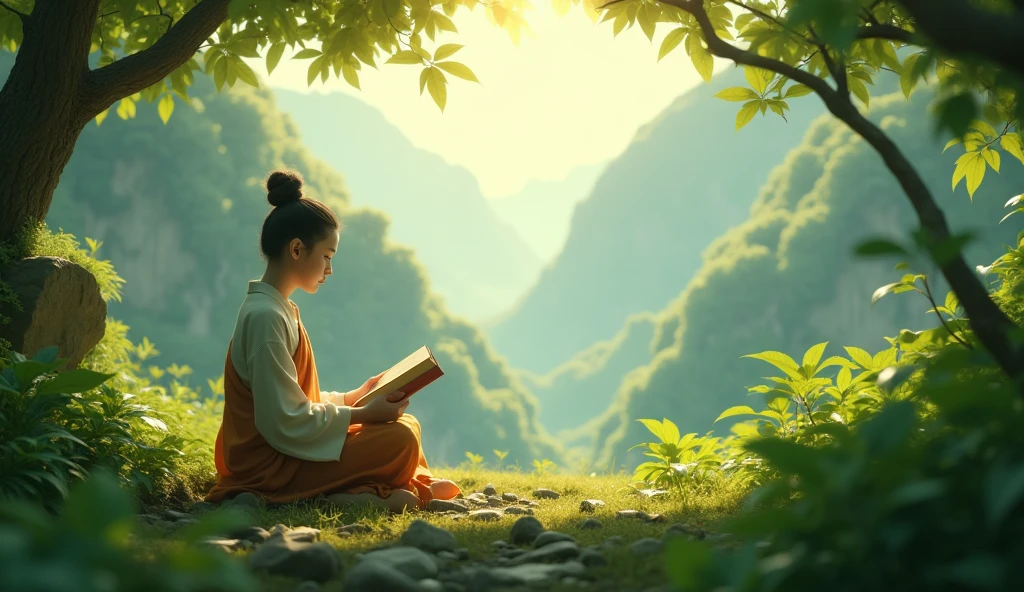 a serene natural a 2 budha setting and reading book, sunlight filtering through leaves, individual in contemplative pose, 1 person, detailed face, lush foliage, natural lighting, cinematic shot, photorealistic, intricate details, atmospheric, breathtaking landscape, vibrant colors, (best quality,4k,8k,highres,masterpiece:1.2),ultra-detailed,(realistic,photorealistic,photo-realistic:1.37),HDR,UHD,studio lighting,ultra-fine painting,sharp focus,physically-based rendering,extreme detail description,professional,vivid colors,bokeh,landscape,