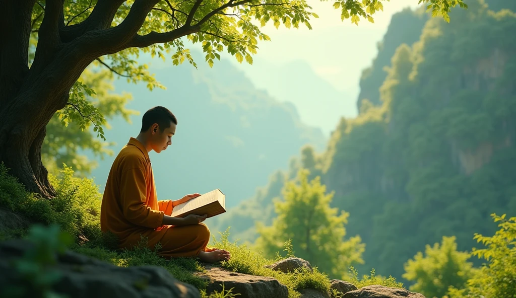 a serene natural a 2  budha setting and reading book, sunlight filtering through leaves, individual in contemplative pose, 1 person, detailed face, lush foliage, natural lighting, cinematic shot, photorealistic, intricate details, atmospheric, breathtaking landscape, vibrant colors, (best quality,4k,8k,highres,masterpiece:1.2),ultra-detailed,(realistic,photorealistic,photo-realistic:1.37),HDR,UHD,studio lighting,ultra-fine painting,sharp focus,physically-based rendering,extreme detail description,professional,vivid colors,bokeh,landscape,
