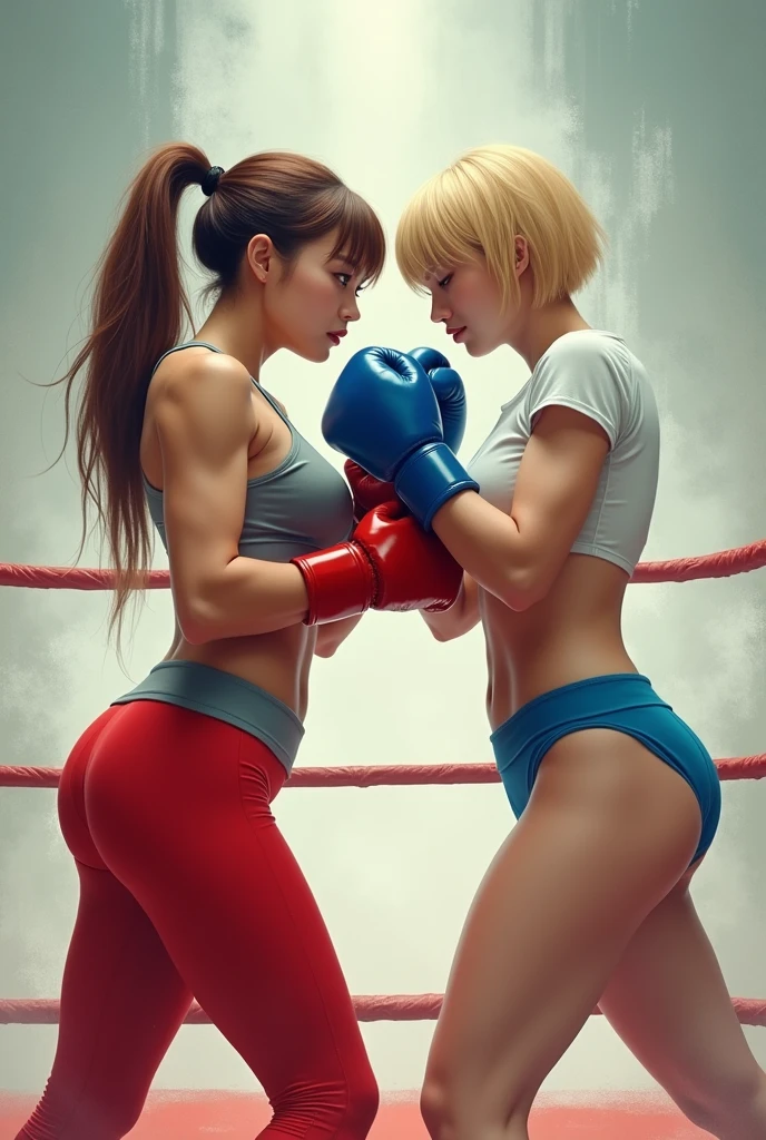 ((masterpiece)), surreal, Mihyeong, junior, muscle, Two women are in a ready position in the ring, Woman wearing red dolphin pants, gray sports bra top, brown ponytail and red boxing gloves, A woman with blonde short hair, wearing a white short-sleeved T-shirt top, blue bikini bottoms and blue boxing gloves