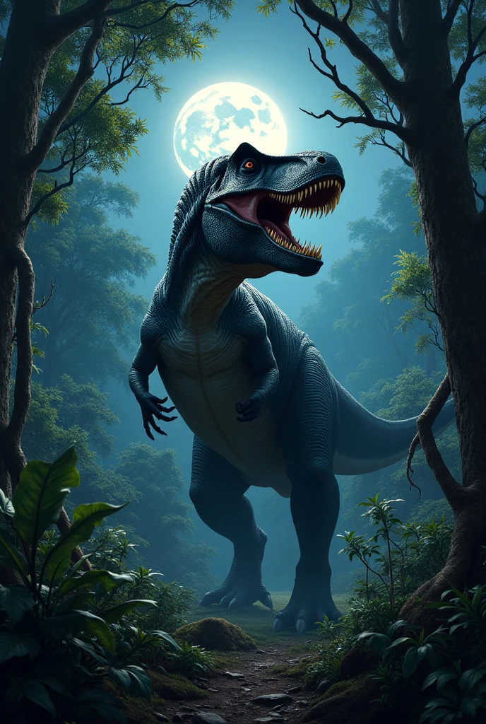 Tyrannosaurus with two fingers on each hand in the African forest at night